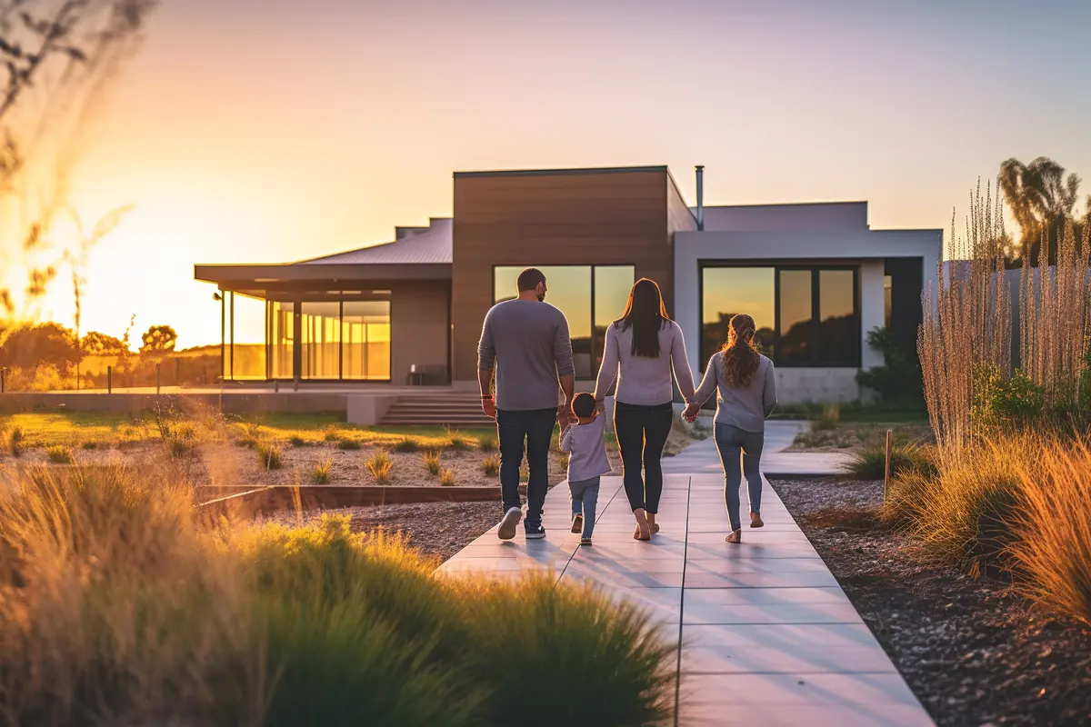 A family walking along a stone path toward a modern Arizona home at sunset