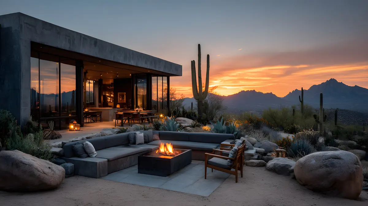 Luxury outdoor lounge with a stone fire pit and sectional seating overlooking the Arizona desert at sunset